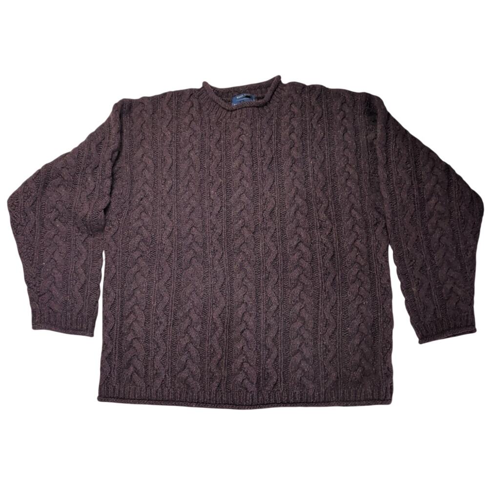 Davis & Squire Hand Knit Shetland Wool Fisherman Sweater Burgundy Red Mens Large
